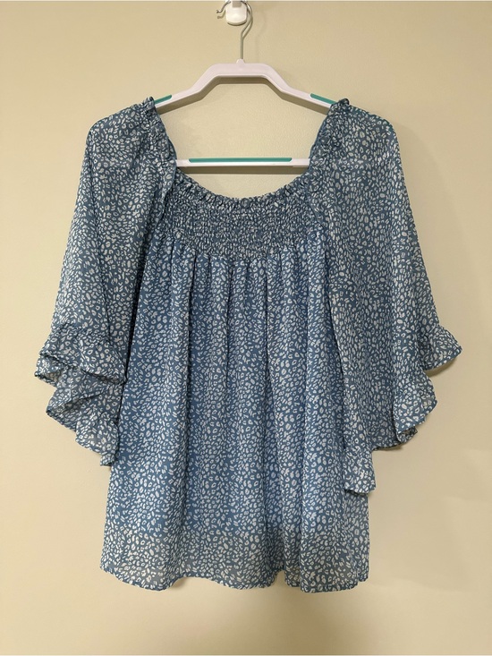 L Love Tops - L Love Blue Printed Smocked-Neck Flutter Sleeve Blouse